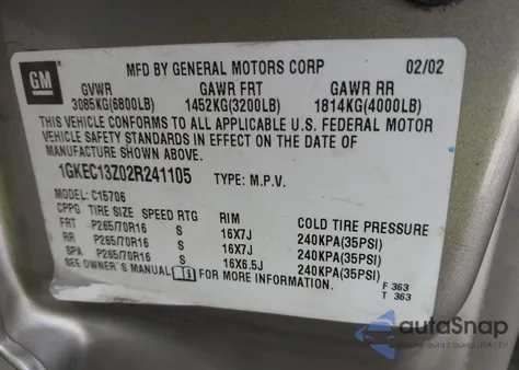 2002 GMC Yukon Slt z USA, uszkodzony, nr VIN 1GKEC13Z02R241105